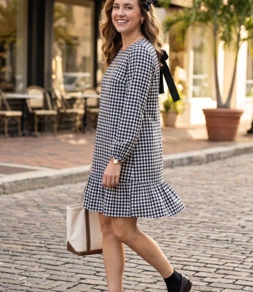 J.Crew Gingham Long Sleeve Shift Dress with Back Bow & Ruffle Hem Size S
